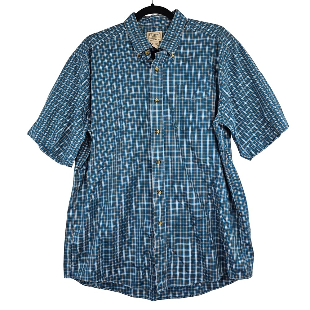 LL Bean Men's Traditional Fit Plaid Short‎ Sleeve Button Down Shirt Blue Large
